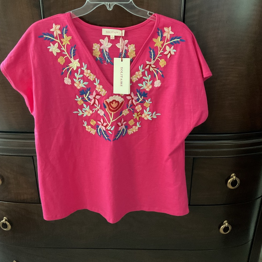 Solitaire Pink Floral Embroidered Short Sleeve Top